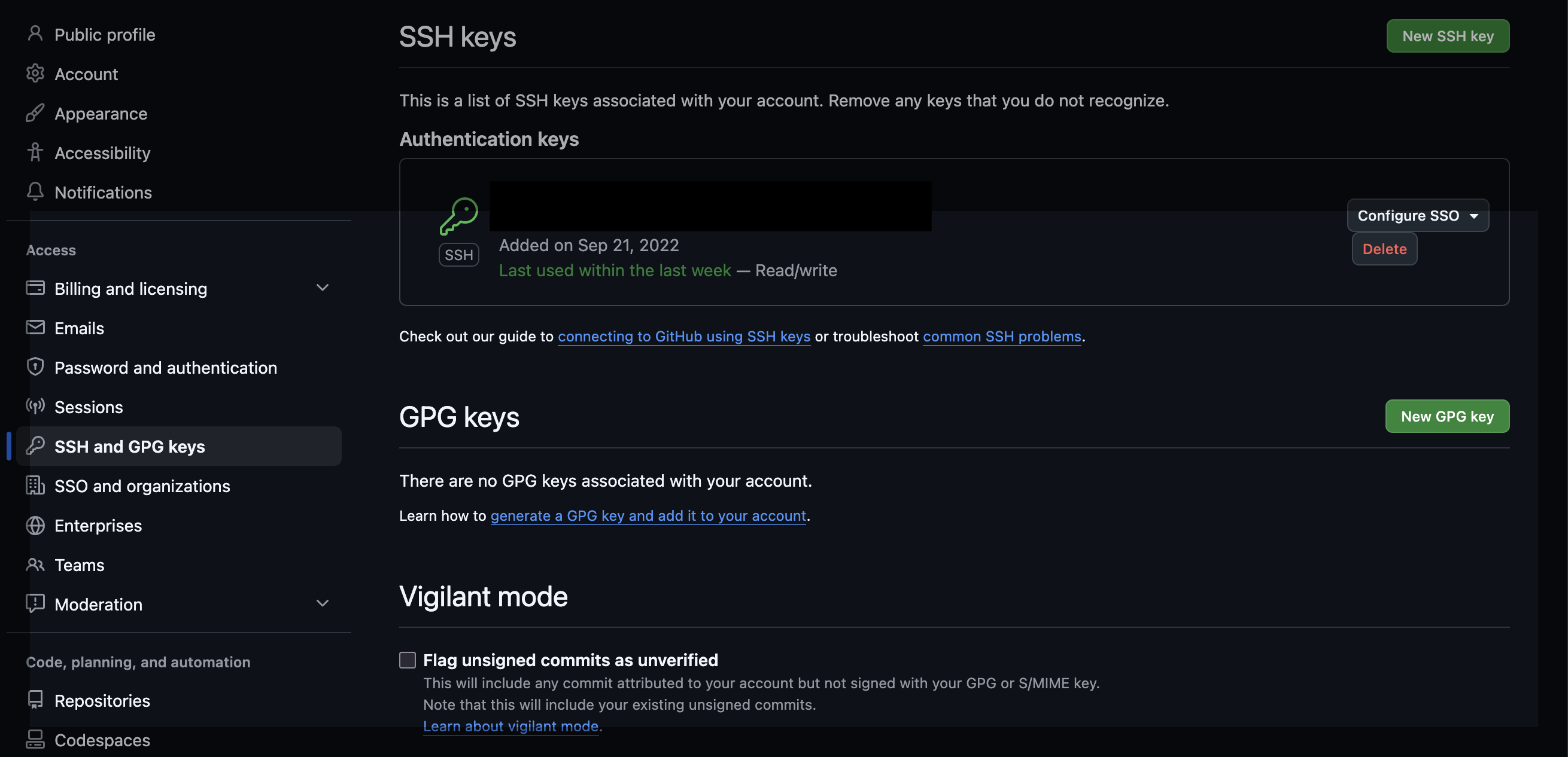 Add public keys to Github account