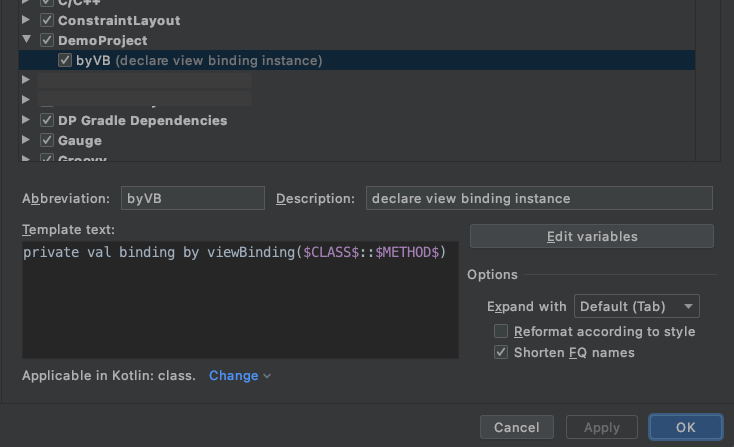 Creating a live template for View Binding instance declaration in Android Studio