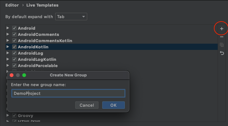 Creating a new Live Template group in Android Studio